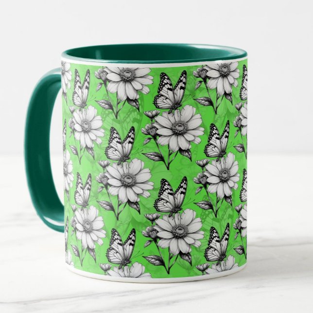 Mug Papillon sur Motif de fleurs Design vert (Créateur téléchargé)