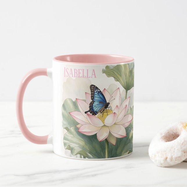 Mug Papillon Swallowtail Bleu Avec Nom De Fleur De Lot (Avec donut)