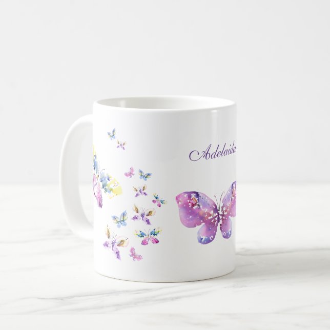 Mug Papillons aquarelle art avec Votre nom (Devant gauche)