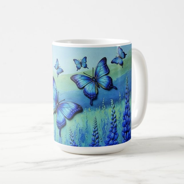 Mug Papillons Bleus avec des Fleurs Bleues, (Devant droit)