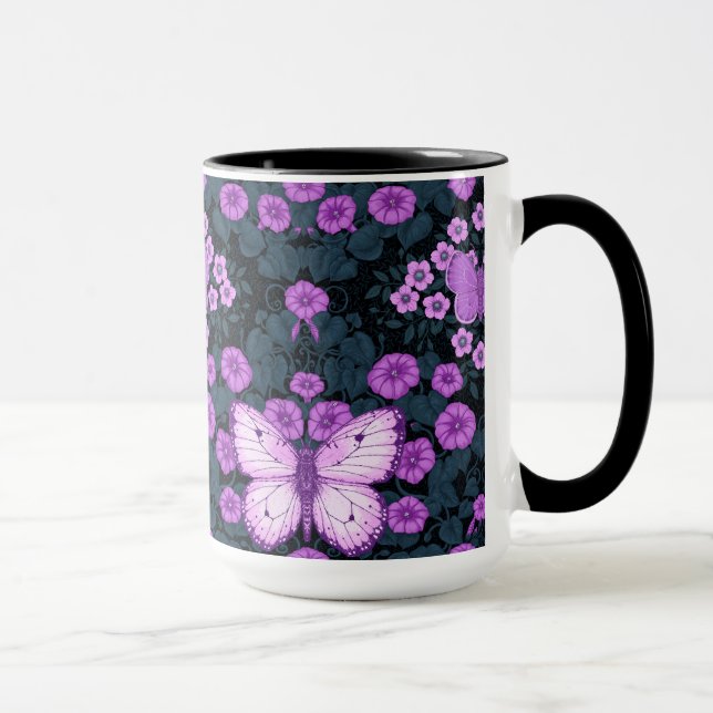 Mug Papillons et symétrie des fleurs, violet et bleu (Droite)