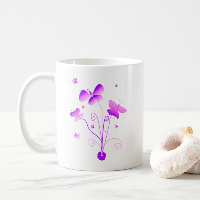 Mug Papillons Fleur Rose Violet Fille Fils (Avec donut)