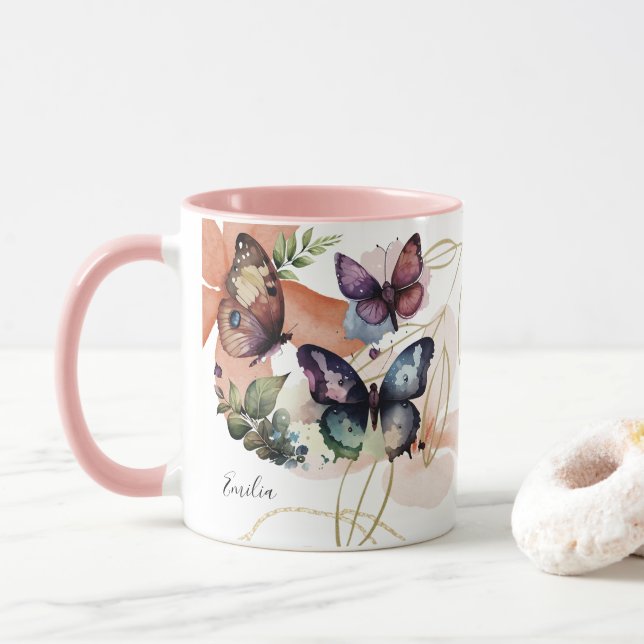 Mug Papillons Fleurissent Joli Nom (Avec donut)