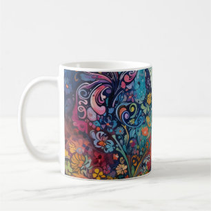 Mug Papillons fleurs chats. Art psychédélique.