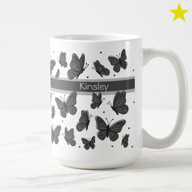 Mug Papillons gris noir & points personnalisation nom  (Créateur téléchargé)