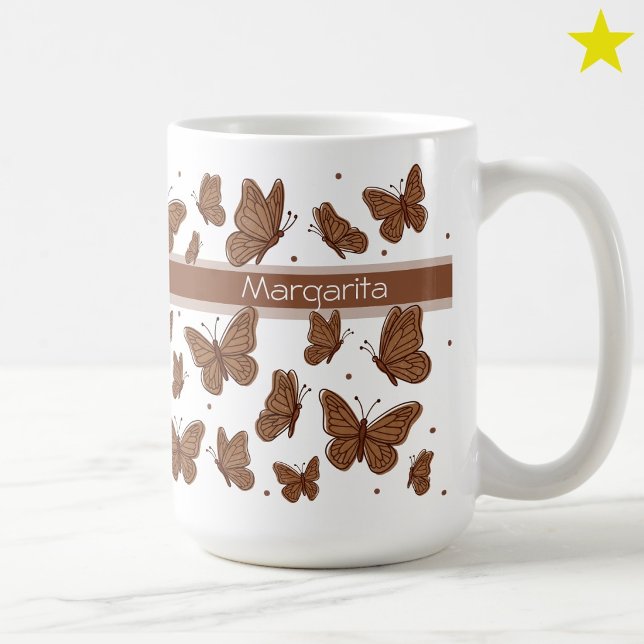 Mug Papillons Marron Noisette & Monogramme Nom Personn (Créateur téléchargé)