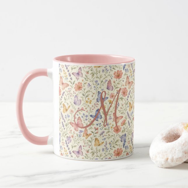 Mug Papillons Monogramme Fleurs Aquarelle Cadeau Pour  (Avec donut)