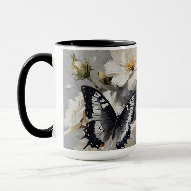 Mug Papillons noirs et blancs sur des fleurs blanches, (Gauche)