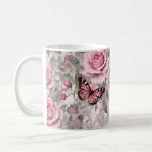Mug Papillons rose pâle et fleurs Roses