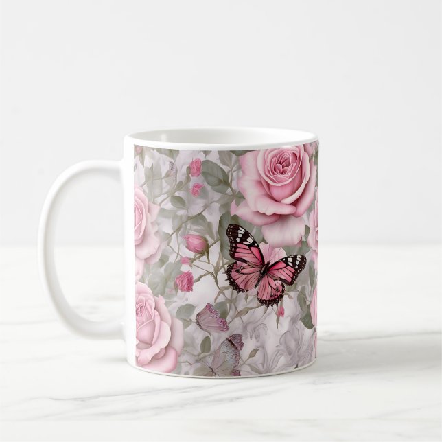 Mug Papillons rose pâle et fleurs Roses (Gauche)