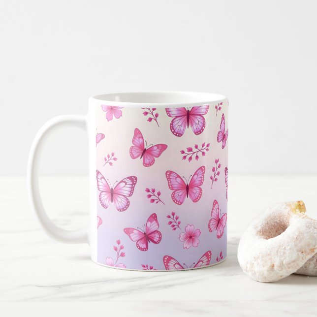 Mug Papillons roses et motif de fleurs (Avec donut)