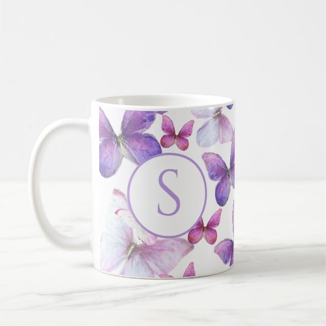 Mug Papillons roses et violets Monogramme personnalisé (Gauche)