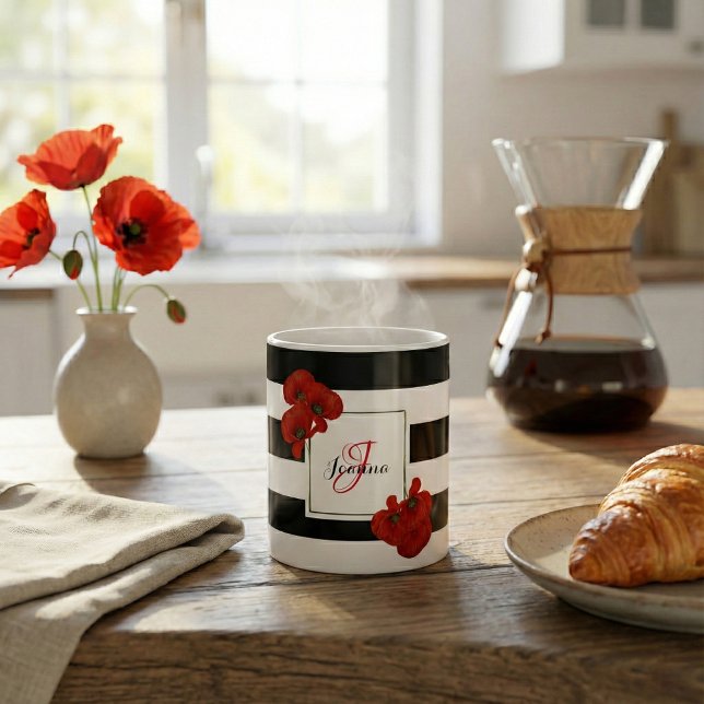 Mug Papillons rouges sur Arrière - plan rayé noir et b (Créateur téléchargé)