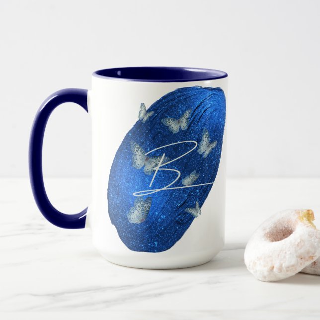 Mug Papillons Royal Bleu Initiales Lettre B Monogramme (Avec donut)