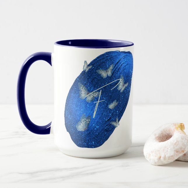 Mug Papillons Royal Bleu Initiales Lettre F Monogramme (Avec donut)