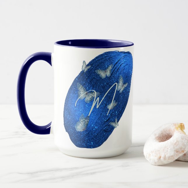 Mug Papillons Royal Bleu Initiales Lettre M Monogramme (Avec donut)