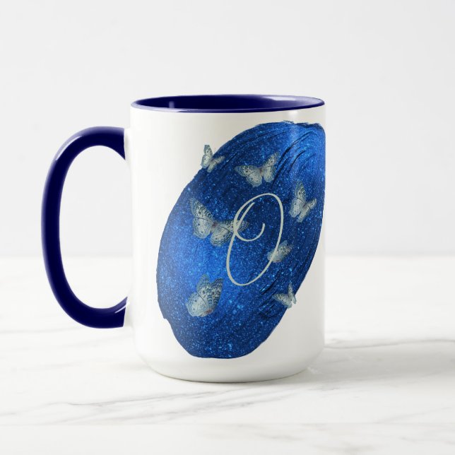 Mug Papillons Royal Bleu Initiales Lettre O Monogramme (Gauche)