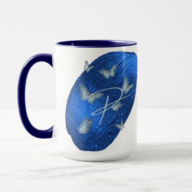 Mug Papillons Royal Bleu Initiales Lettre P Monogramme (Gauche)