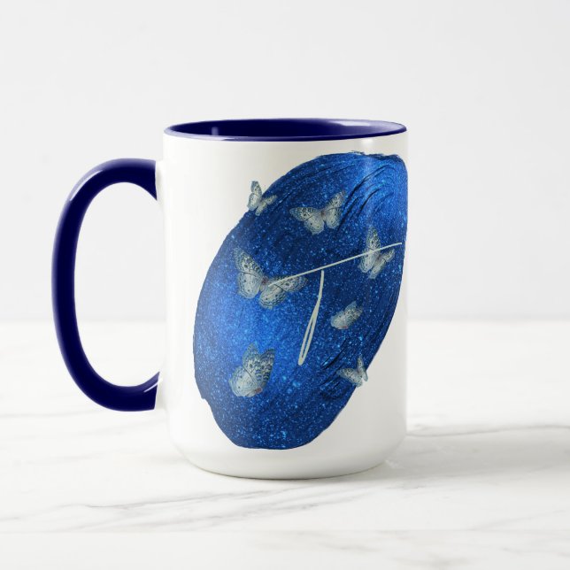 Mug Papillons Royal Bleu Initiales Lettre T Monogramme (Gauche)