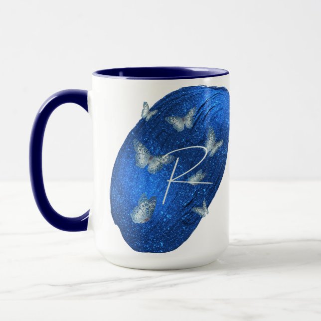 Mug Papillons Royal Blue Initiales Lettre R Monogramme (Gauche)