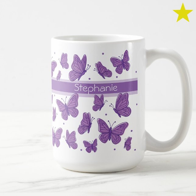 Mug Papillons Violets & Points Nom Personnalisé Monogr (Créateur téléchargé)