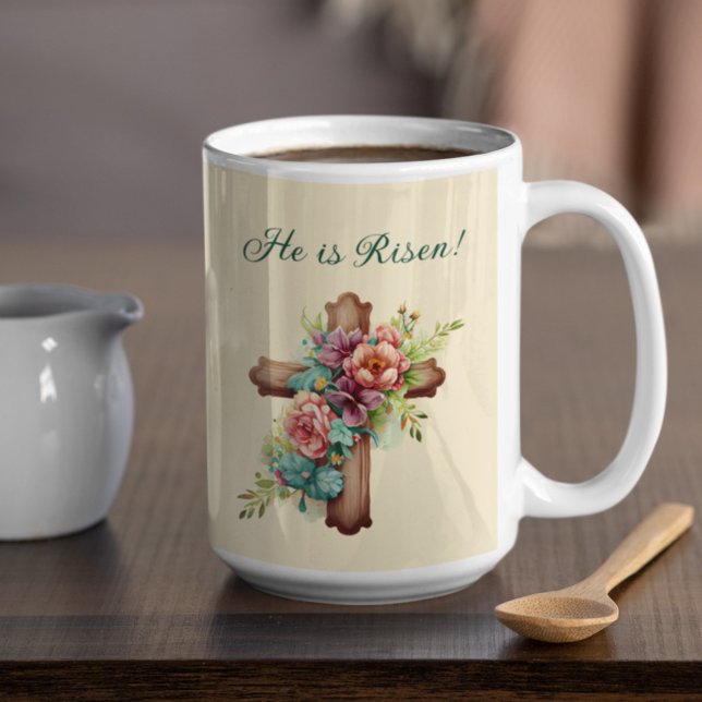 Mug Pâques "Il est ressuscité" Croix florale (Créateur téléchargé)