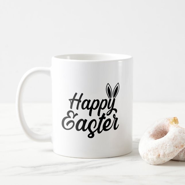 Mug Pâques Joyeuses, Oreilles Lapines Sur Texte Noir (Avec donut)