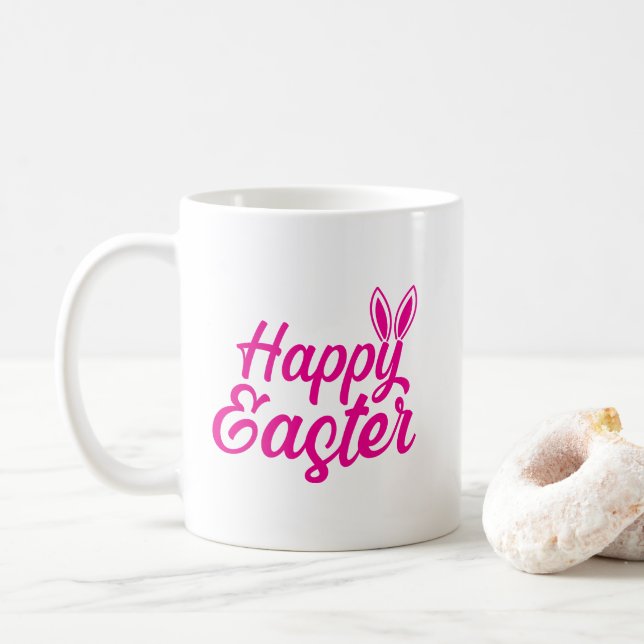 Mug Pâques Joyeuses, Oreilles Lapines Sur Texte Rose (Avec donut)