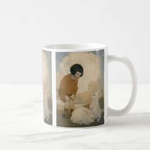 Mug Pâques vintage, enfant jouant avec des lapins blan
