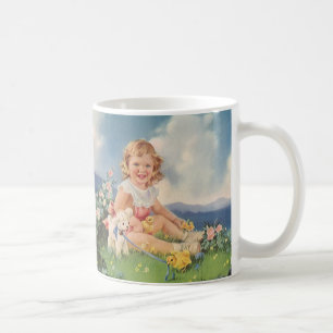 Mug Pâques vintage, fille avec agneaux et poussins dan