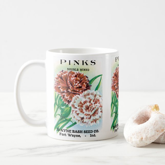 Mug Paquet de semences vintage, Fleurs d'oeillets rose (Avec donut)