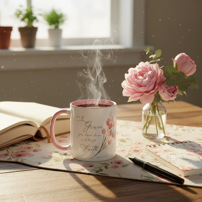 Mug Par grâce vous avez sauvé, rose floral (Créateur téléchargé)