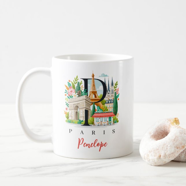 Mug Paris France Monogram Letter P Personalized Gift (Avec donut)