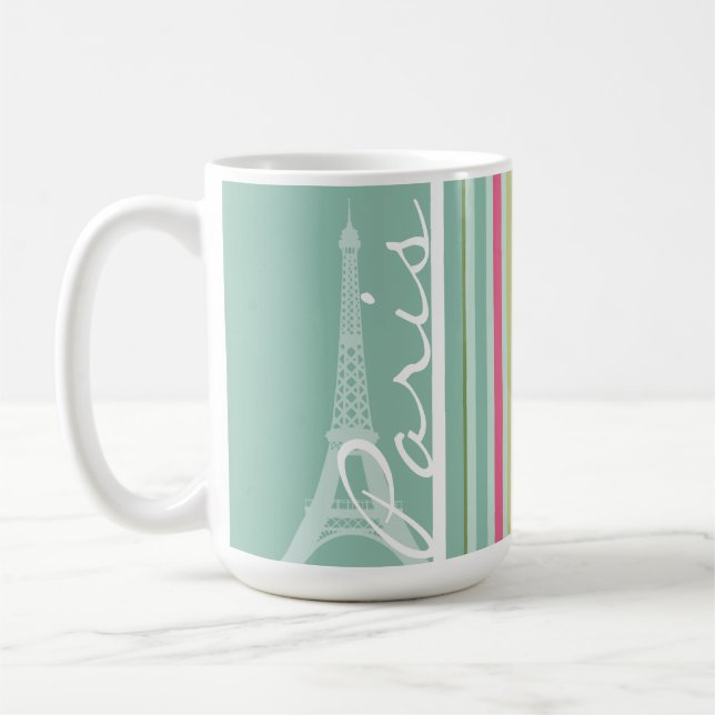 Mug Paris ; Rayures vertes et roses en bon état (Gauche)
