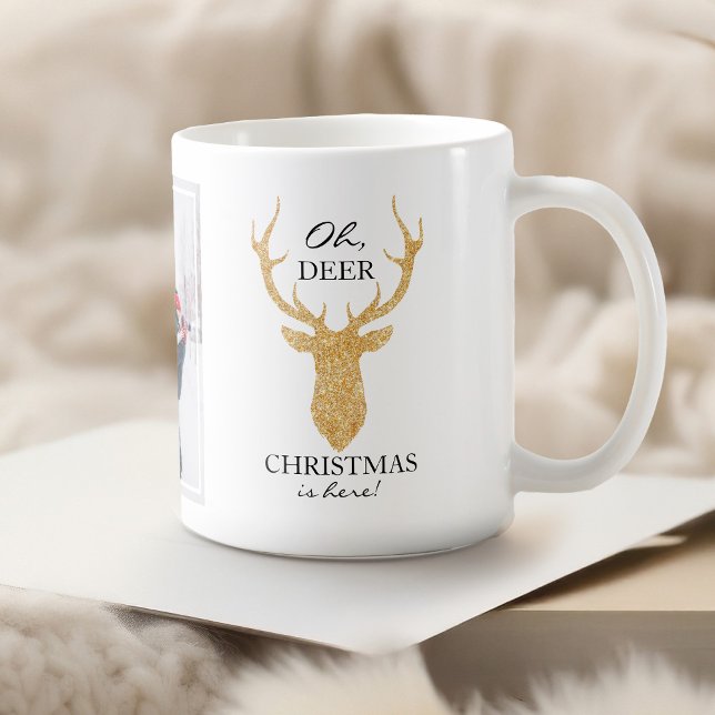 Mug Parties scintillant Deer Oh Deer Noël est ici ("Oh, deer Christmas is here." Enjoy this modern design with a faux glitter gold deer head silhouette)