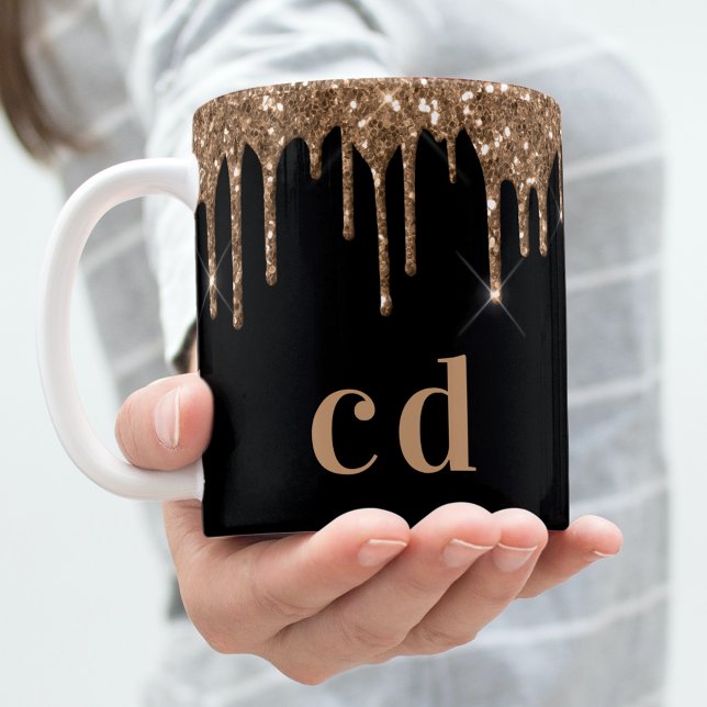 Mug Parties scintillant d'or noir goutte monogramme br (Créateur téléchargé)
