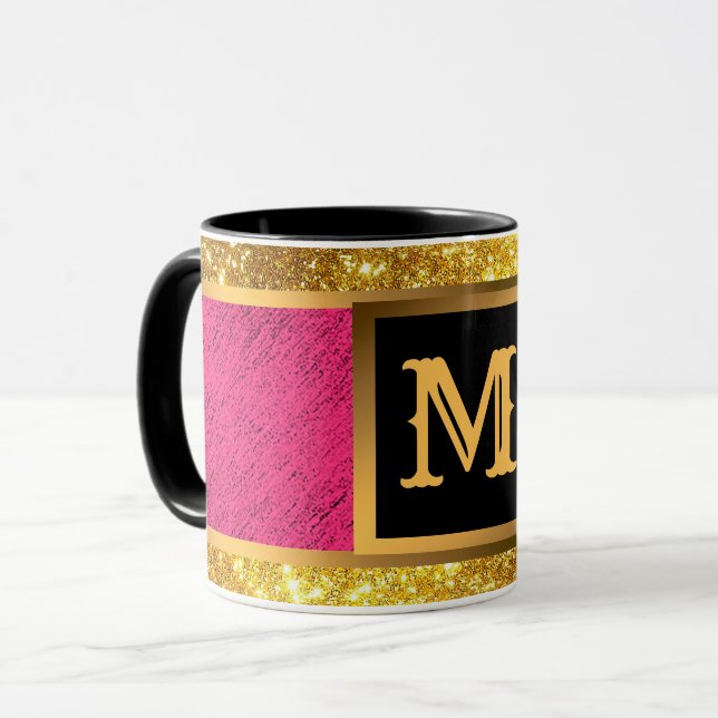 Mug Parties scintillant dorée moderne Lin rose Monogra (Devant gauche)