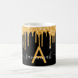 Mug Parties scintillant en or noir gouttes de nom mono