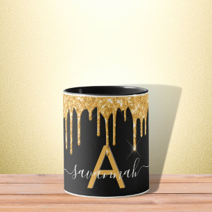 Mug Parties scintillant en or noir gouttes de nom mono