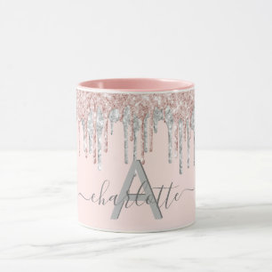 Mug parties scintillant en or rose monogramme bleu ros