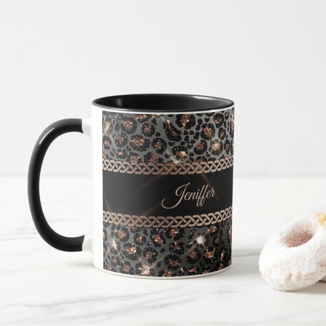 Mug Parties scintillant Leopard Black Gold personnalis (Avec donut)