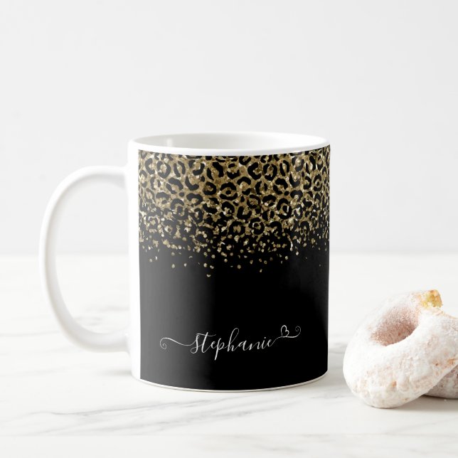 Mug Parties scintillant léopard or Monogramme noir (Avec donut)