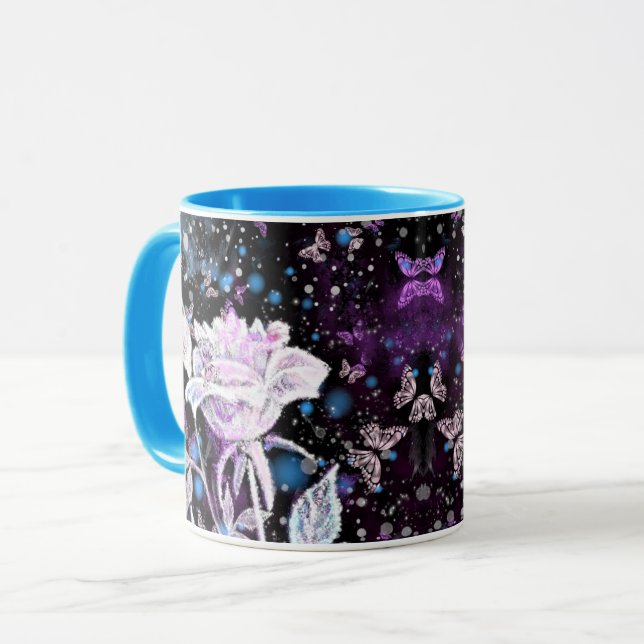 Mug Parties scintillant Rose blanche et papillons Coff (Devant gauche)