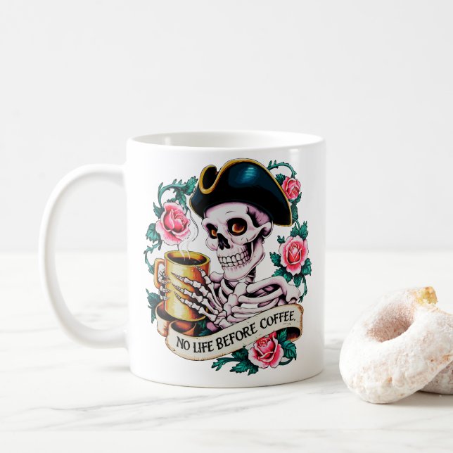 Mug Pas de vie avant le café Drôle Skeleton (Avec donut)