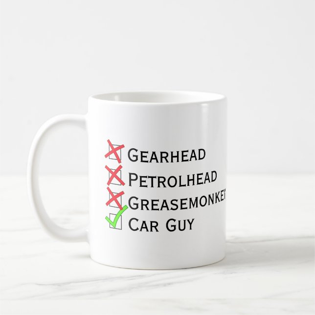Mug Pas Greasemonkey en tête d'engrenage, Oui Car Guy (Gauche)