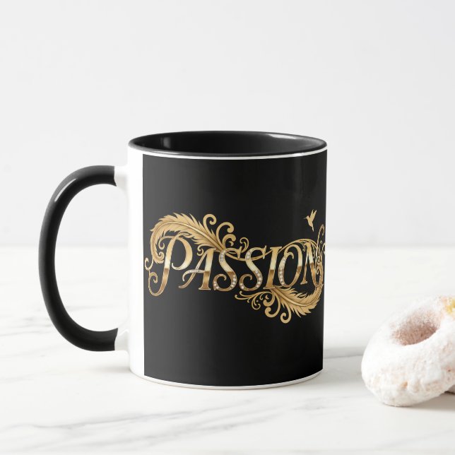 Mug Passion Dorée – Typographie de Luxe Inspirante D (Avec donut)