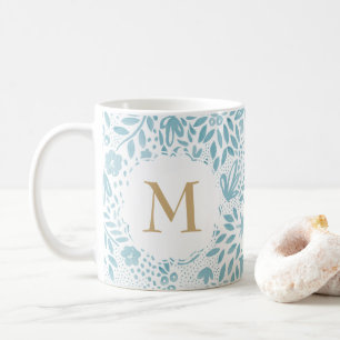 Mug Pastel Blue Floral Motif Monogramme