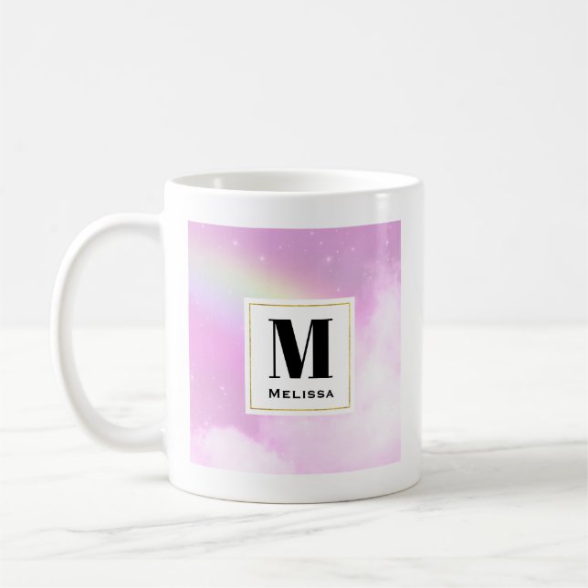 Mug Pastel Ciel rose avec Monogramme arc-en-ciel jaune (Gauche)