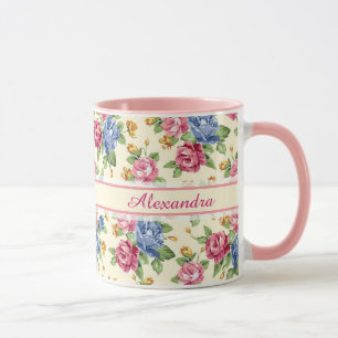 Mug Pastel Fleur romantique Rose, Rouge, Bleu Nom Rose