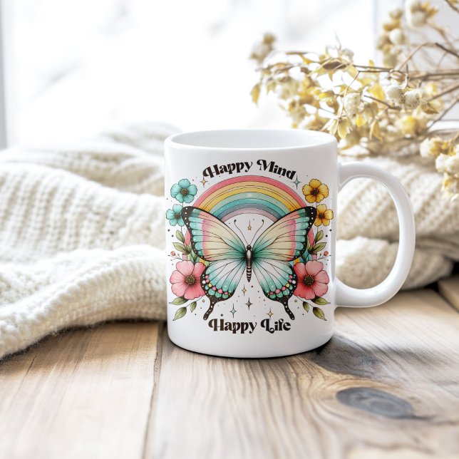 Mug Pastel Hippie "Happy Mind Happy Life" (Pastel Hippie "Happy Mind Happy Life" Coffee Mug on a neutral cozy wooden table.)